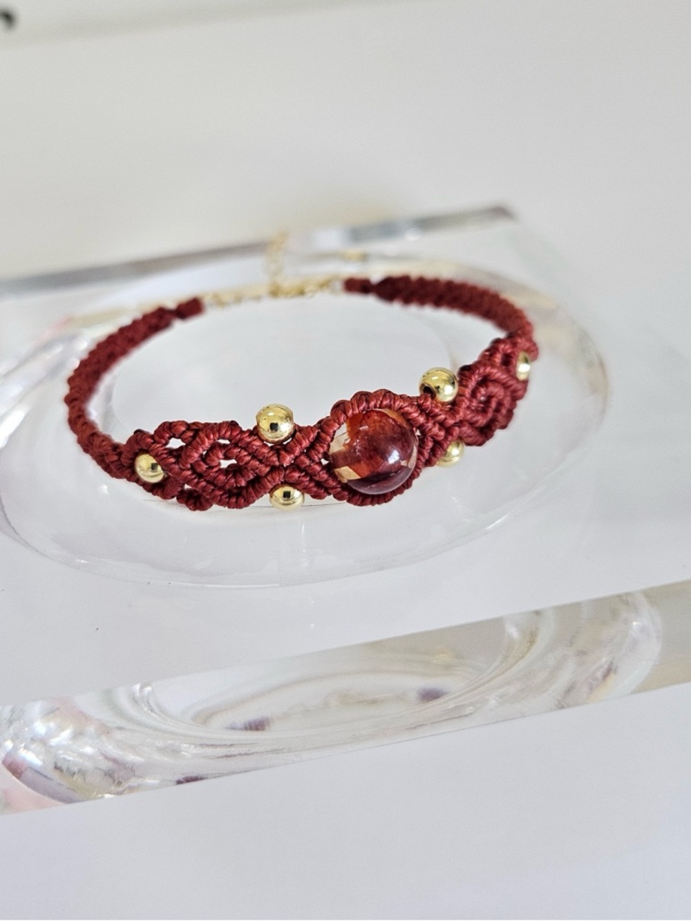 Friendship Bracelet/Lucky Bracelet -Red Macramé with Natural Red Hematoid Quartz